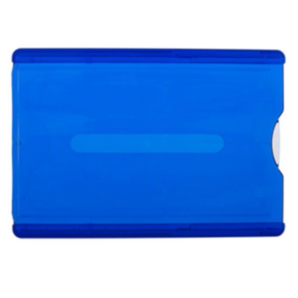 Kortholder blå, blåt transparent etui i hård plast med skyder for nem udtagning af plastkortet. Altid billige kortholdere, nøglesnore mm. hos RD Data
