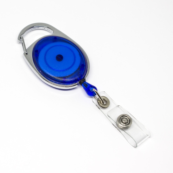 Blå transparent, praktisk og kraftig yoyo med nylonsnor, stærk fjederbelastet metalkrog og metaltryklås på båndet, fra RD Data