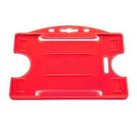 Rød åben kortholder i hård plast til 1 kort, horisontal eller vertikal.  Kortholderen kan forsynes med halssnor, seleclips, yoyo m.m.